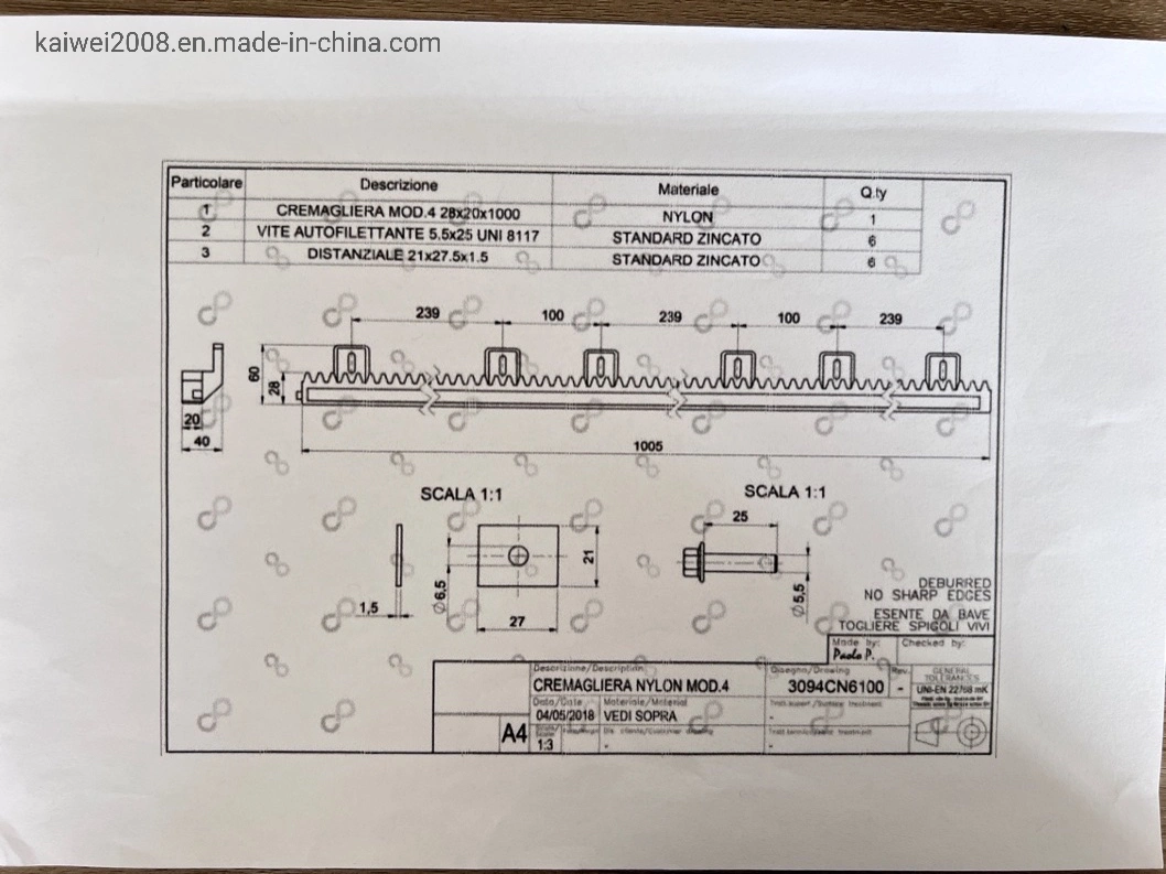 CNC M4 2 Eyes Light Nylon Sliding Gate Gear Rack